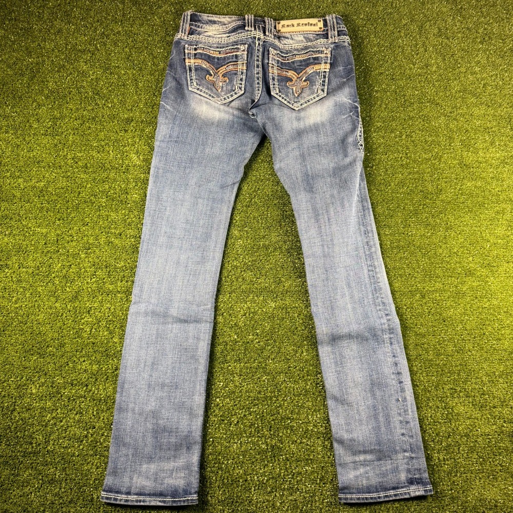 Rock Revival Charon Straight Leg Jeans Blue Denim Sequin Fleur De Lis Size 26